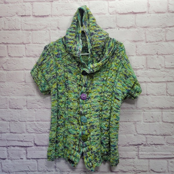 None Sweaters - Chunky Knit Hooded Cardigan Short Sleeve Sweater Sz M Artsy Button Cozy Boho